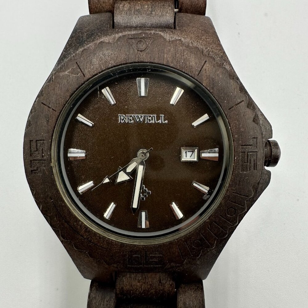 Bewell Thanatos Watch Men Dark Brown Wooden Date Window 47MM Dial New Battery